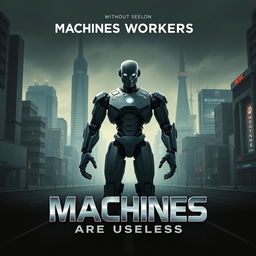 An intriguing movie poster for a dystopian film titled 'Machines Without Workers Are Useless'