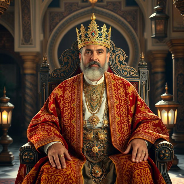 A majestic portrait of the Moroccan king, dressed in traditional regal attire adorned with intricate gold embroidery, featuring a richly colored cape with cultural patterns