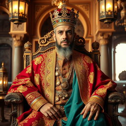 A majestic portrait of the Moroccan king, dressed in traditional regal attire adorned with intricate gold embroidery, featuring a richly colored cape with cultural patterns