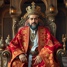 A majestic portrait of the Moroccan king, dressed in traditional regal attire adorned with intricate gold embroidery, featuring a richly colored cape with cultural patterns