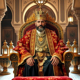 A majestic portrait of the Moroccan king, dressed in traditional regal attire adorned with intricate gold embroidery, featuring a richly colored cape with cultural patterns