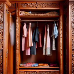 An elegant wooden wardrobe with intricate carvings, filled with an assortment of colorful stylish clothes neatly arranged