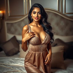 A stunning Indian model showcasing a sexy night dress, emphasizing her alluring curves with a focus on her generous bust