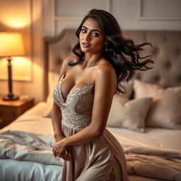 A stunning Indian model showcasing a sexy night dress, emphasizing her alluring curves with a focus on her generous bust