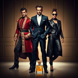 A striking representation of three human figures, each personifying a distinct luxury perfume