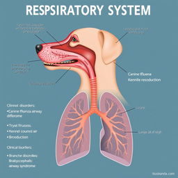 A detailed educational illustration showcasing the respiratory system of dogs