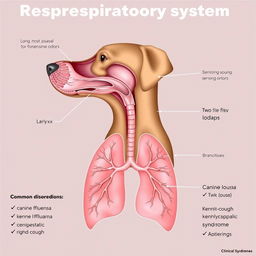 A detailed educational illustration showcasing the respiratory system of dogs
