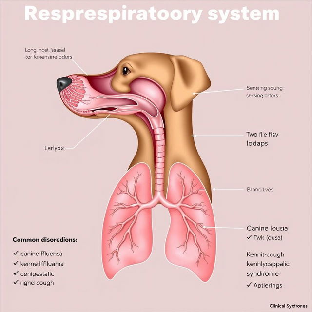 A detailed educational illustration showcasing the respiratory system of dogs