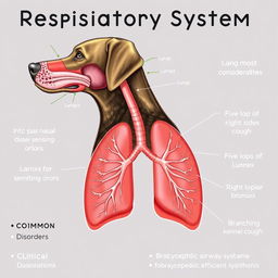 A detailed educational illustration showcasing the respiratory system of dogs