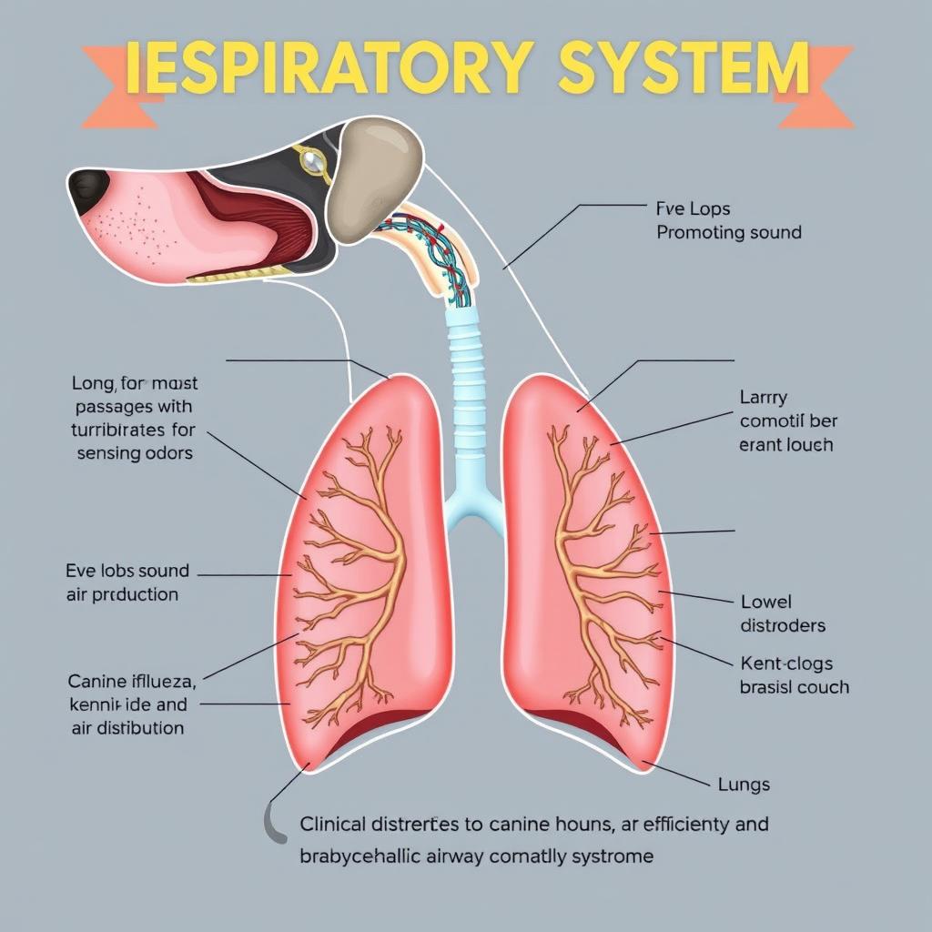 A detailed educational illustration showcasing the respiratory system of dogs