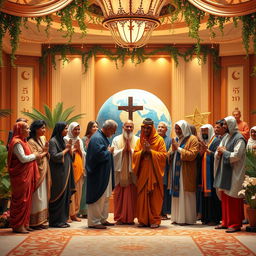 A global gathering showcasing the unity of diverse world religions, featuring representatives from various faiths including Hinduism, Christianity, Islam, Buddhism, Judaism, and more, standing together in harmony