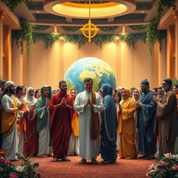 A global gathering showcasing the unity of diverse world religions, featuring representatives from various faiths including Hinduism, Christianity, Islam, Buddhism, Judaism, and more, standing together in harmony