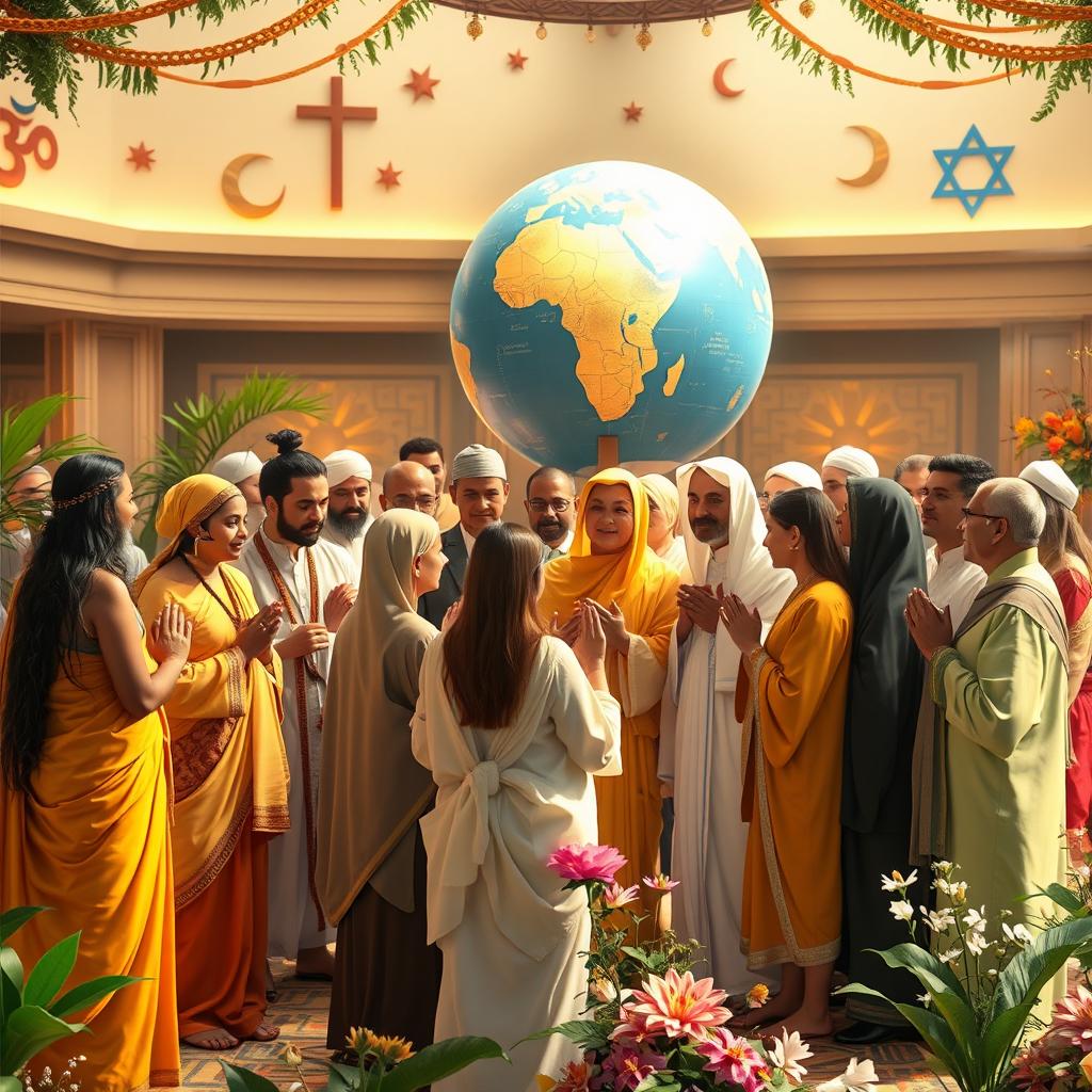 A global gathering showcasing the unity of diverse world religions, featuring representatives from various faiths including Hinduism, Christianity, Islam, Buddhism, Judaism, and more, standing together in harmony