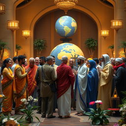 A global gathering showcasing the unity of diverse world religions, featuring representatives from various faiths including Hinduism, Christianity, Islam, Buddhism, Judaism, and more, standing together in harmony