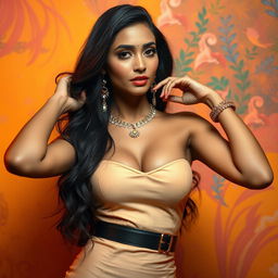 A stunning Indian model striking a sultry pose against a vibrant backdrop, showcasing her graceful curves and confident demeanor