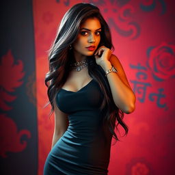 A stunning Indian model striking a sultry pose against a vibrant backdrop, showcasing her graceful curves and confident demeanor