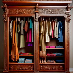 An elegant wooden wardrobe with intricate carvings, filled with an assortment of colorful stylish clothes neatly arranged