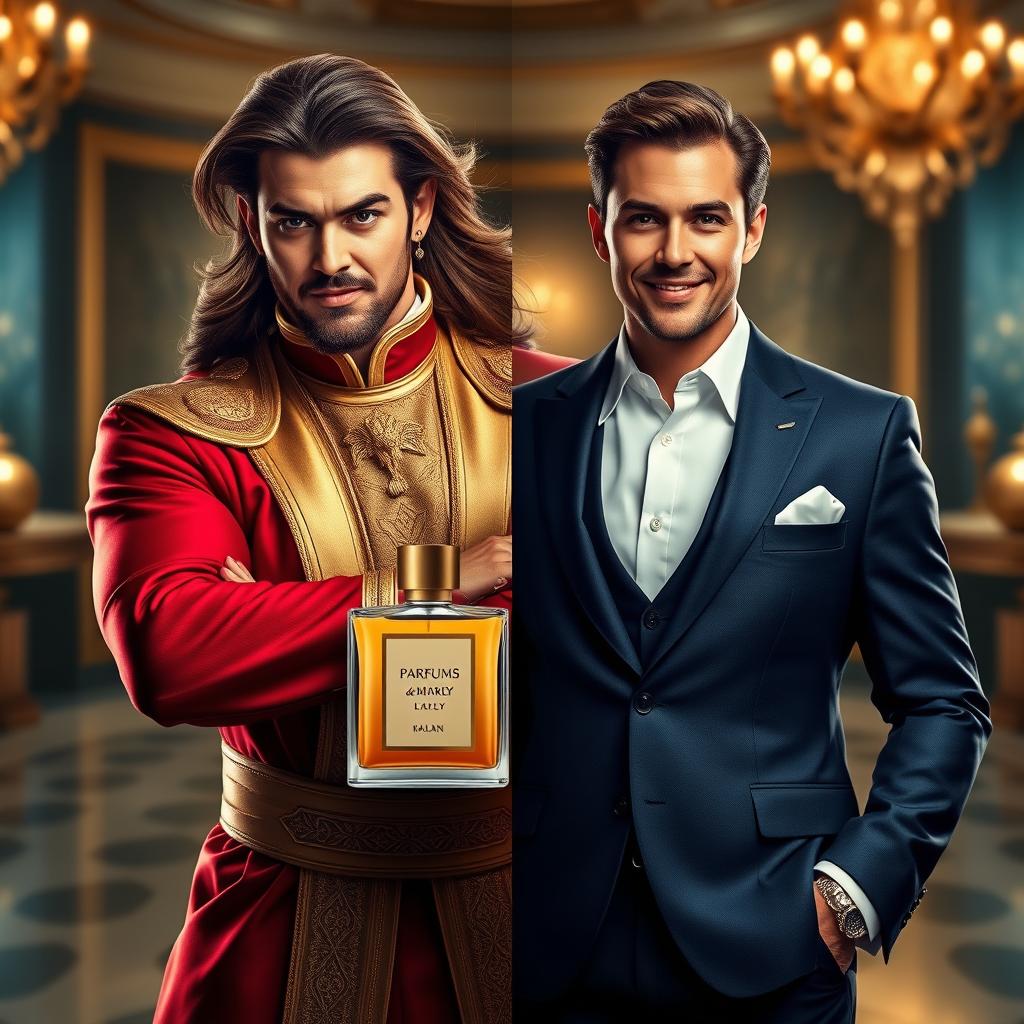 A dynamic visual representation of two human figures, each personifying the distinctive qualities of their respective luxury perfumes