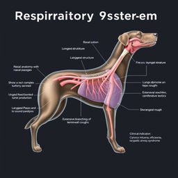 An ultra-detailed anatomically accurate illustration of the respiratory system of dogs, showcasing the following features: 1