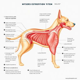 An ultra-detailed anatomically accurate illustration of the respiratory system of dogs, showcasing the following features: 1