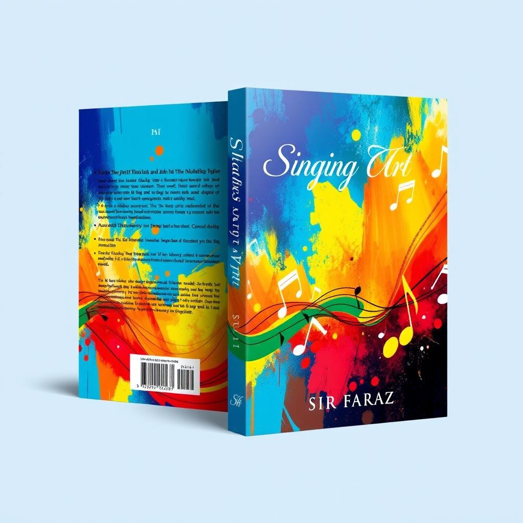 A stunning book cover design for the title "Singing Art" by Sir Faraz, showcasing a vibrant and artistic interpretation of music and creativity