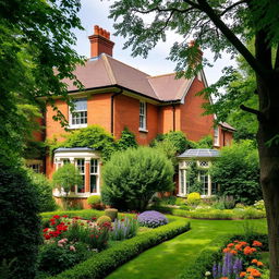 A charming villa in London, featuring classic red brick architecture, surrounded by lush greenery