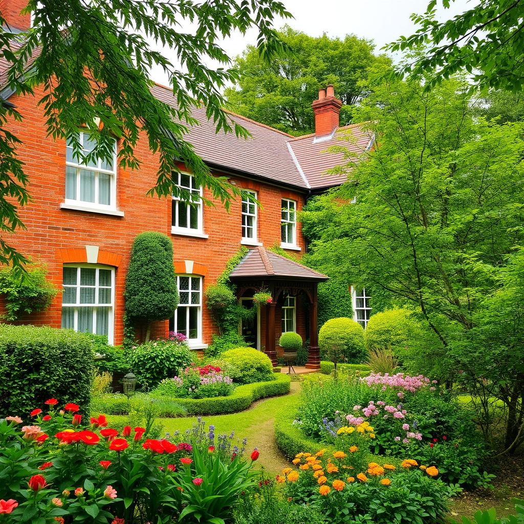 A charming villa in London, featuring classic red brick architecture, surrounded by lush greenery