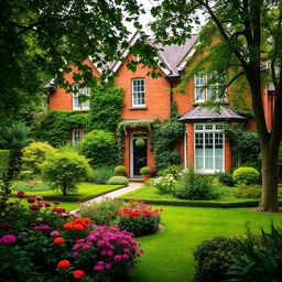 A charming villa in London, featuring classic red brick architecture, surrounded by lush greenery