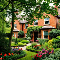 A charming villa in London, featuring classic red brick architecture, surrounded by lush greenery