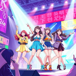 A dynamic and vibrant illustration of a K-pop girl group inspired by Girls' Generation