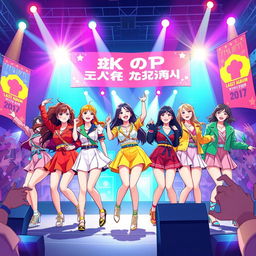 A dynamic and vibrant illustration of a K-pop girl group inspired by Girls' Generation