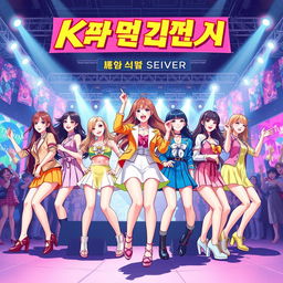 A dynamic and vibrant illustration of a K-pop girl group inspired by Girls' Generation