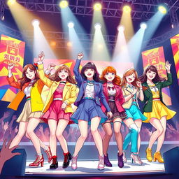 A dynamic and vibrant illustration of a K-pop girl group inspired by Girls' Generation