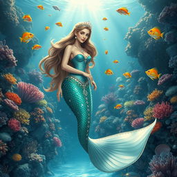 A majestic underwater scene featuring a mermaid princess, elegantly posing amidst a vibrant coral reef