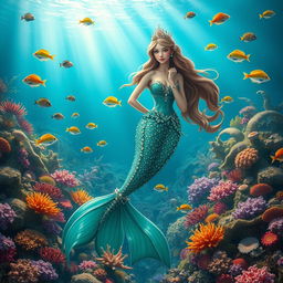 A majestic underwater scene featuring a mermaid princess, elegantly posing amidst a vibrant coral reef