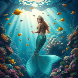A majestic underwater scene featuring a mermaid princess, elegantly posing amidst a vibrant coral reef