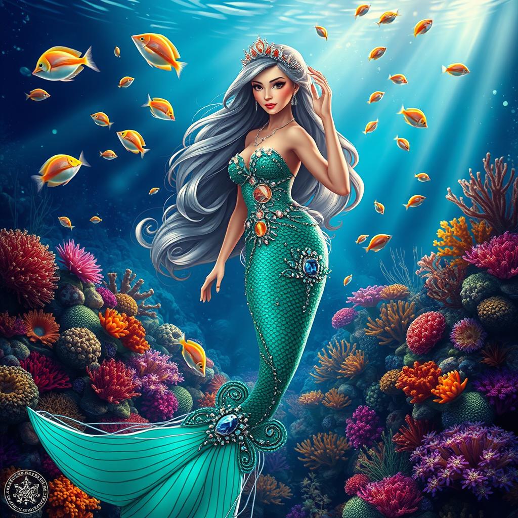 A majestic underwater scene featuring a mermaid princess, elegantly posing amidst a vibrant coral reef