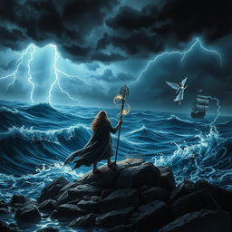 A dramatic scene inspired by 'The Tempest' by William Shakespeare, capturing the mystical and enchanted atmosphere of the island