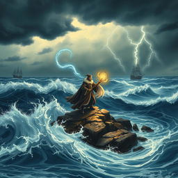 A dramatic scene inspired by 'The Tempest' by William Shakespeare, capturing the mystical and enchanted atmosphere of the island