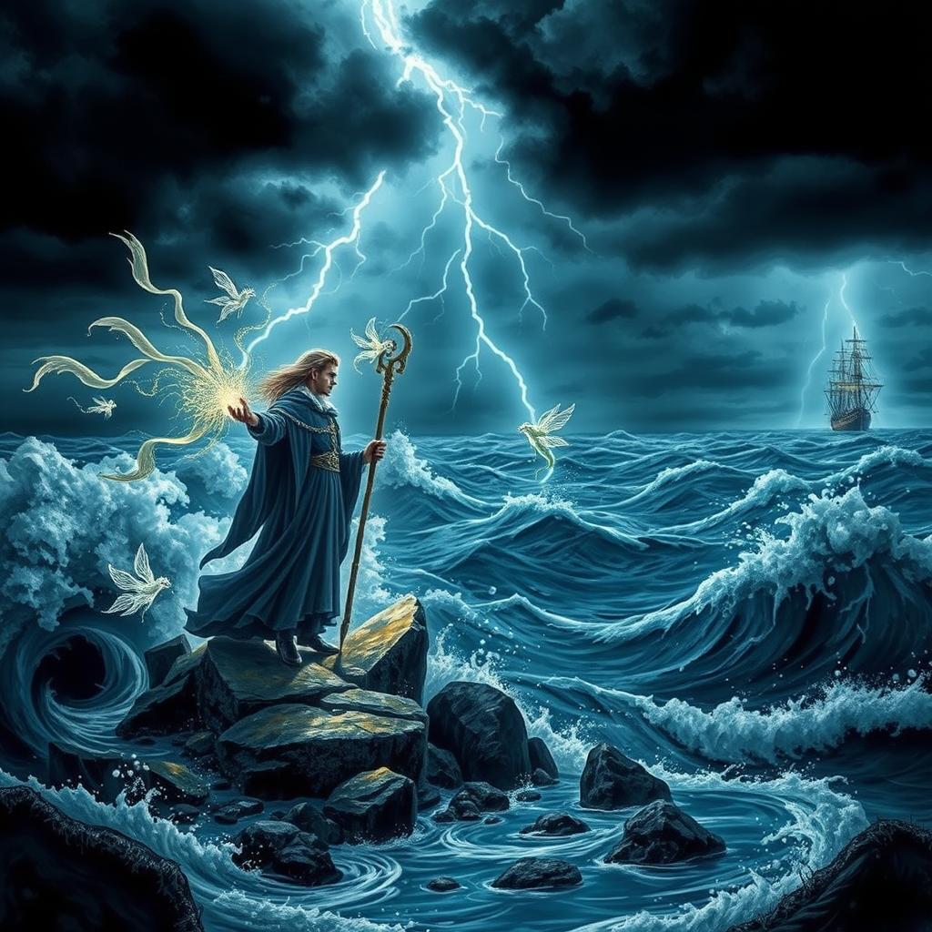 A dramatic scene inspired by 'The Tempest' by William Shakespeare, capturing the mystical and enchanted atmosphere of the island