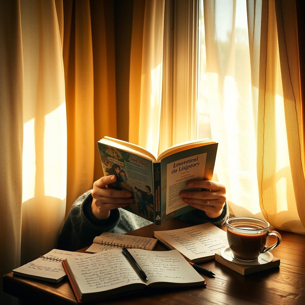 A beautifully composed scene of a cozy reading nook filled with warm, soft light, where a person is deeply engrossed in an emotional book