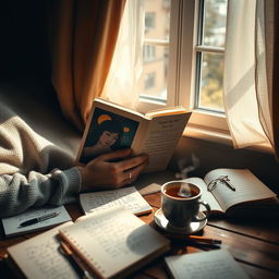 A beautifully composed scene of a cozy reading nook filled with warm, soft light, where a person is deeply engrossed in an emotional book