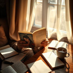 A beautifully composed scene of a cozy reading nook filled with warm, soft light, where a person is deeply engrossed in an emotional book