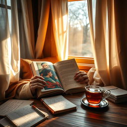 A beautifully composed scene of a cozy reading nook filled with warm, soft light, where a person is deeply engrossed in an emotional book