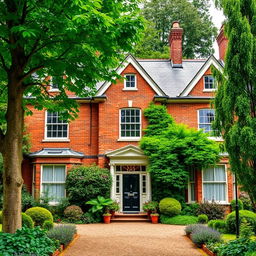 A charming villa in London, constructed with beautiful red bricks, surrounded by lush greenery and gardens