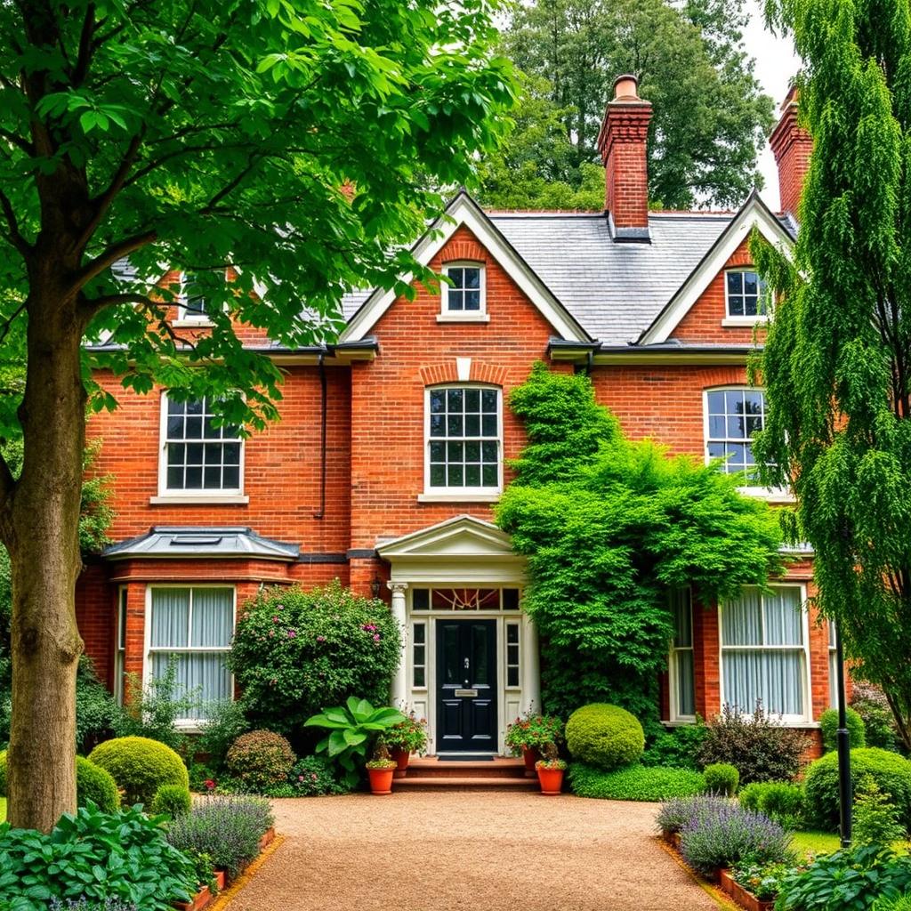 A charming villa in London, constructed with beautiful red bricks, surrounded by lush greenery and gardens