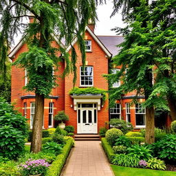 A charming villa in London, constructed with beautiful red bricks, surrounded by lush greenery and gardens