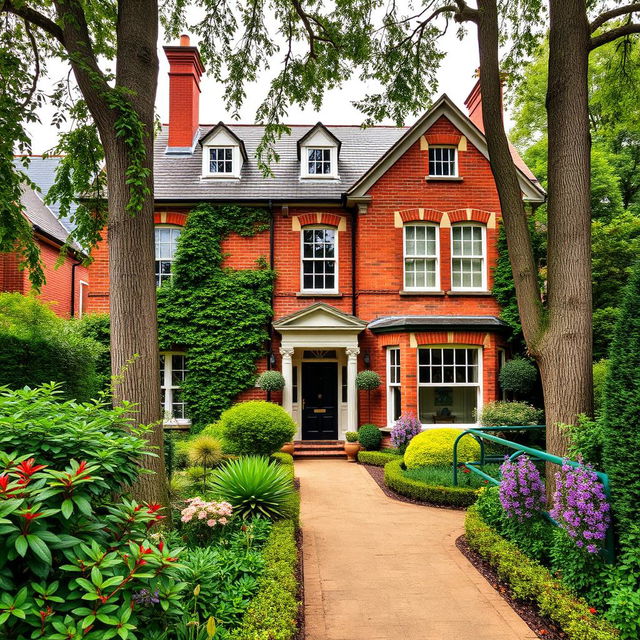 A charming villa in London, constructed with beautiful red bricks, surrounded by lush greenery and gardens