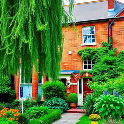 A charming villa in London, constructed with beautiful red bricks, surrounded by lush greenery and gardens