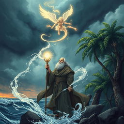 A captivating illustration inspired by Shakespeare's "The Tempest," showcasing an enchanted island setting